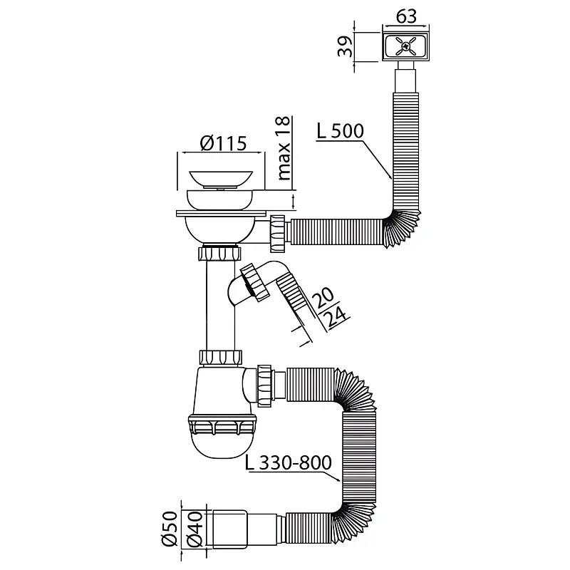 Сифон для кухонної мийки Mixxus SK-02-B з нержавною сіткою, відведенням для пральної машини та гнучким прямокутним переливом 3 1/2"×40 MI8195 - фото 2