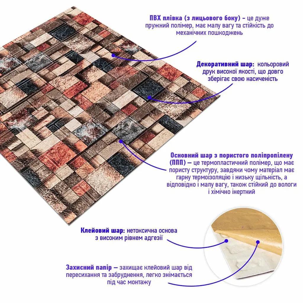 Декоративна 3D панель Sticker Wall самоклейка під цеглу Кольорова мозаїка 700х770х4мм 350 SW-00000532 - фото 2