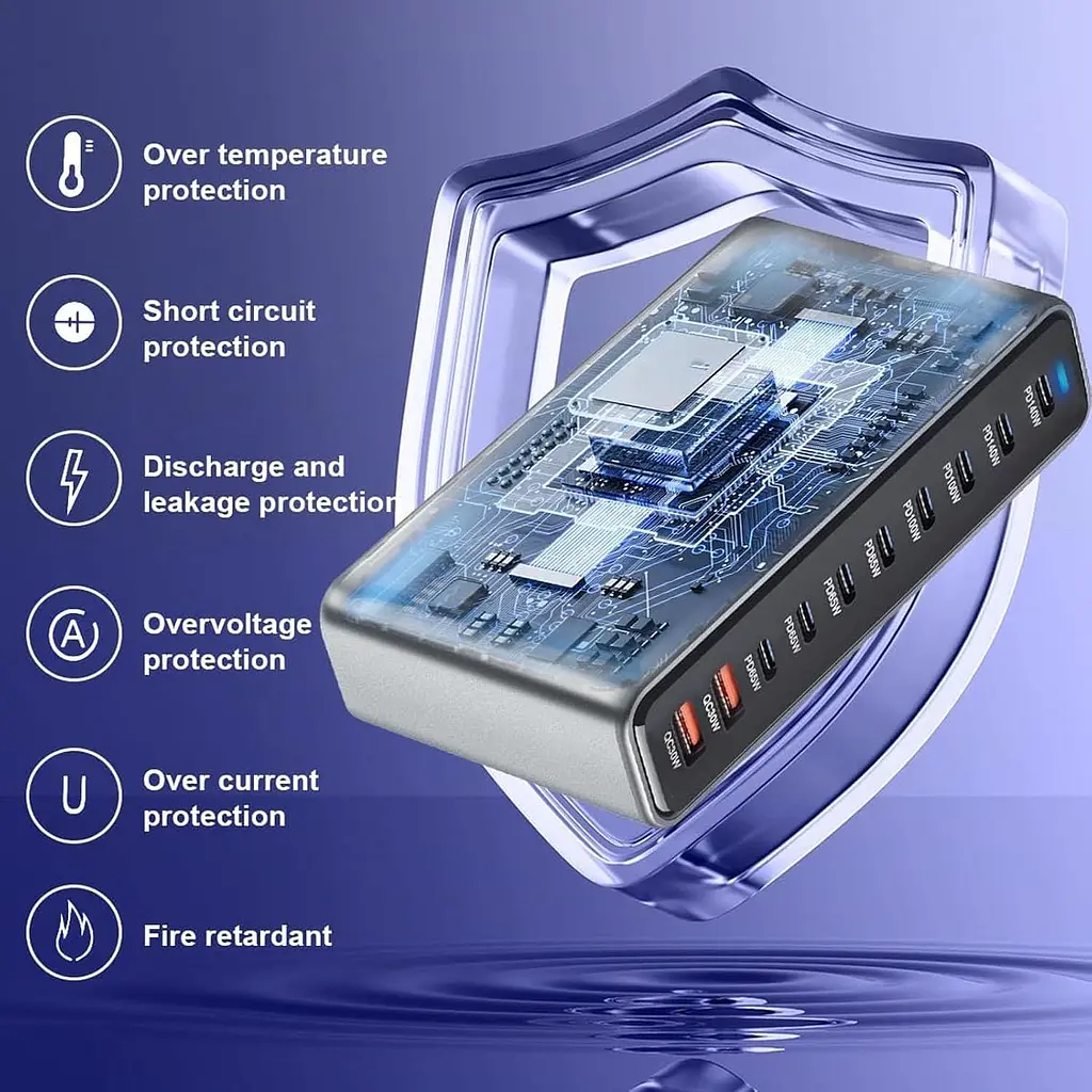 Мережева зарядна станція ILEPO 1000W на 2 USB+8 Type-C мультизарядний пристрій потужний блок живлення Black (19340) - фото 3