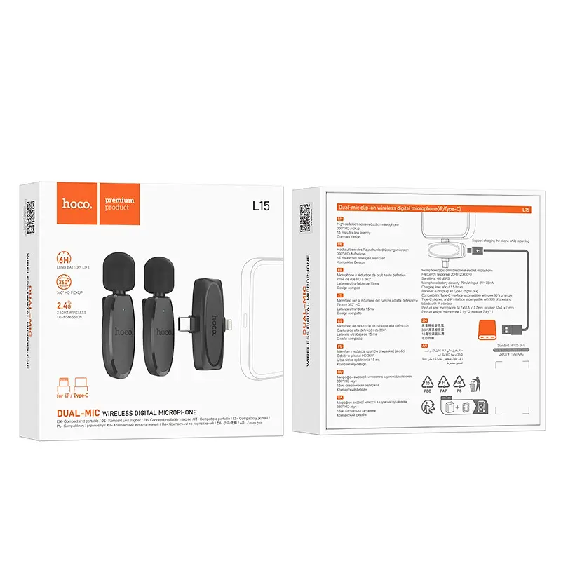 Бездротова мікрофонна система HOCO L15 dual-mic (iP/Type-C) Black (6942007638623) - фото 2