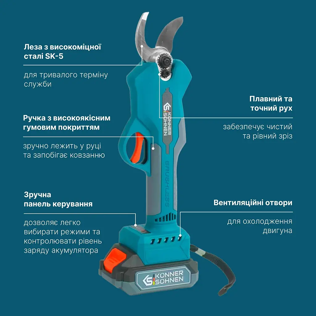 Konner & Sohnen Секатор акумуляторний Konner&Sohnen KS CPS20V-32 Case PLUS 20В акб 2х2А·рік d 15-32мм ЗП кейс 0.89кг - фото 6