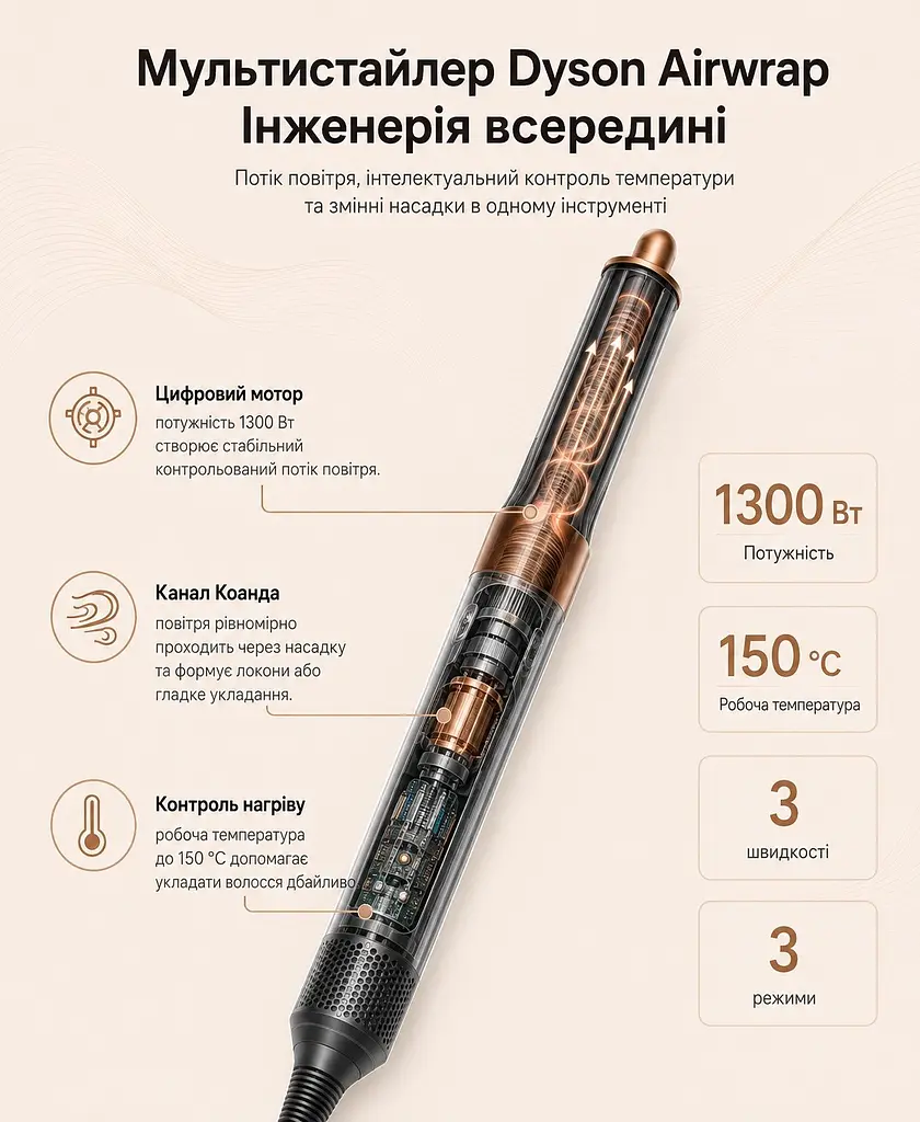 Стайлер Dyson Airwrap Complete Long Nickel-Copper (400718-01), мультистайлер 1300 Вт, 6 насадок - фото 3