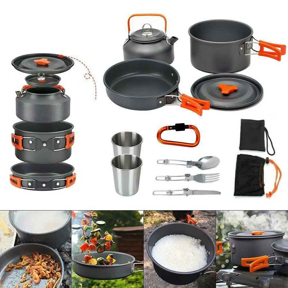 Набір туристичного посуду Camping cooking зі столовими приладами 10 в 1 / Набір посуду для походу, пікніка та риболовлі - фото 2