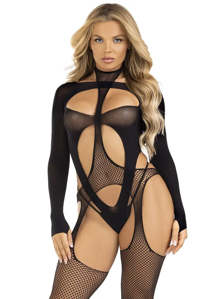 Бодістокінг 2 в 1 Leg Avenue Bodystocking with cutout teddy, One Size, чорний, панчохи-сітки і тедді - фото 3