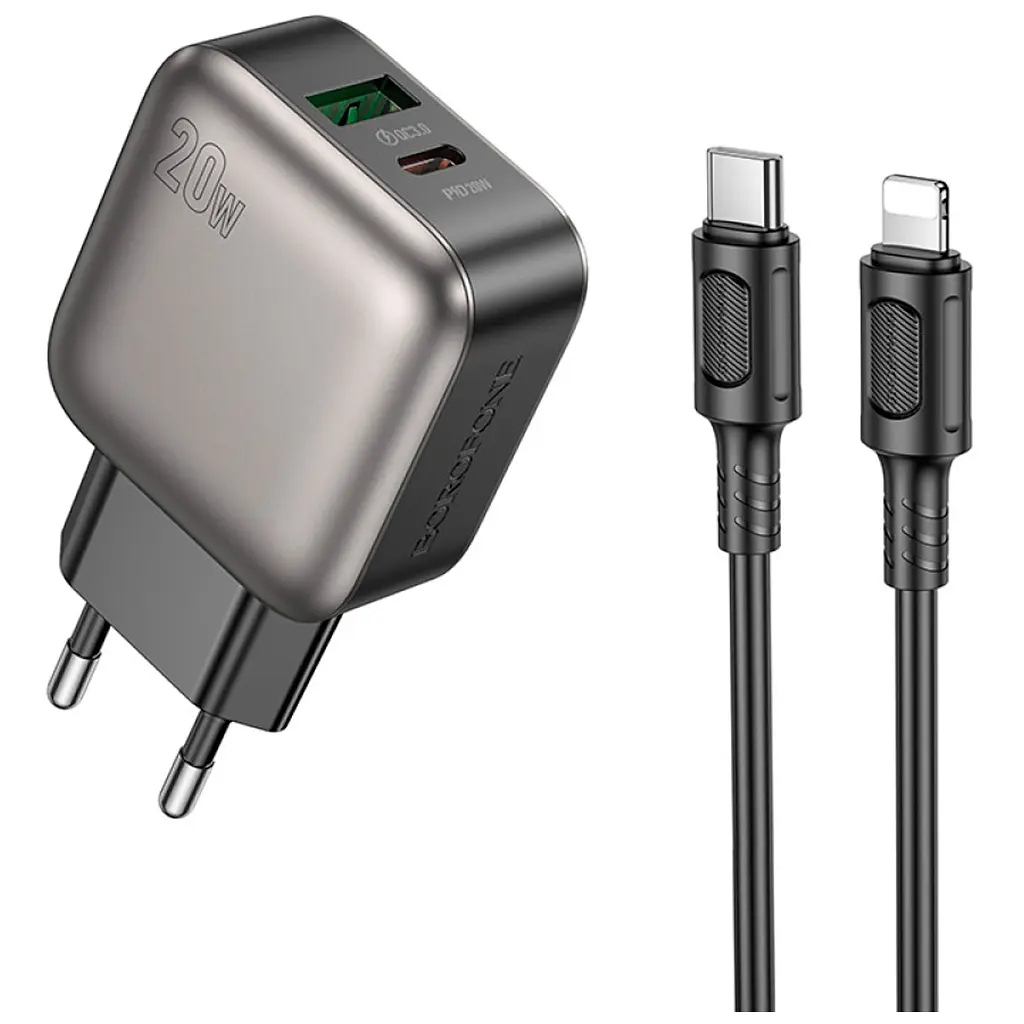 Зарядний пристрій BOROFONE BAS54A Absolute 1xUSB-C PD 20 Вт + 1xUSB QC 3.0 + кабель USB-C — Lightning чорний (6941991116216)