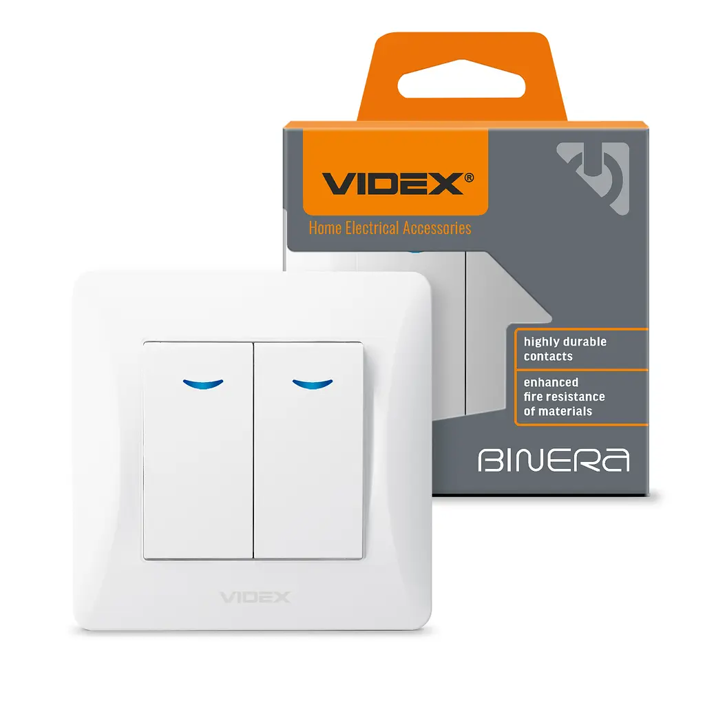 Вимикач двоклавішний з підсвіткою білий VIDEX BINERA VIDEX (24449-000)