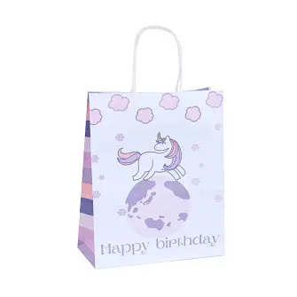 Пакет крафтовий 16x22x8 см, Білий з Єдинорогом та написом "Happy birthday"
