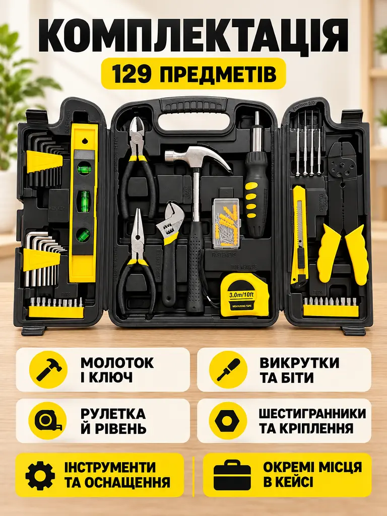 Набір ручних інструментів 129 предметів у кейсі для дому та ремонту чорно-жовтий (37261115) - фото 7