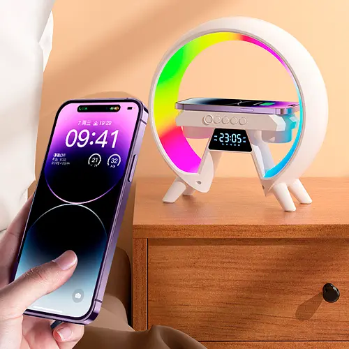 Акумуляторний нічник XM-X63 RGB з годинником, бездротовою зарядкою та Bluetooth колонкою (Білий) - фото 10