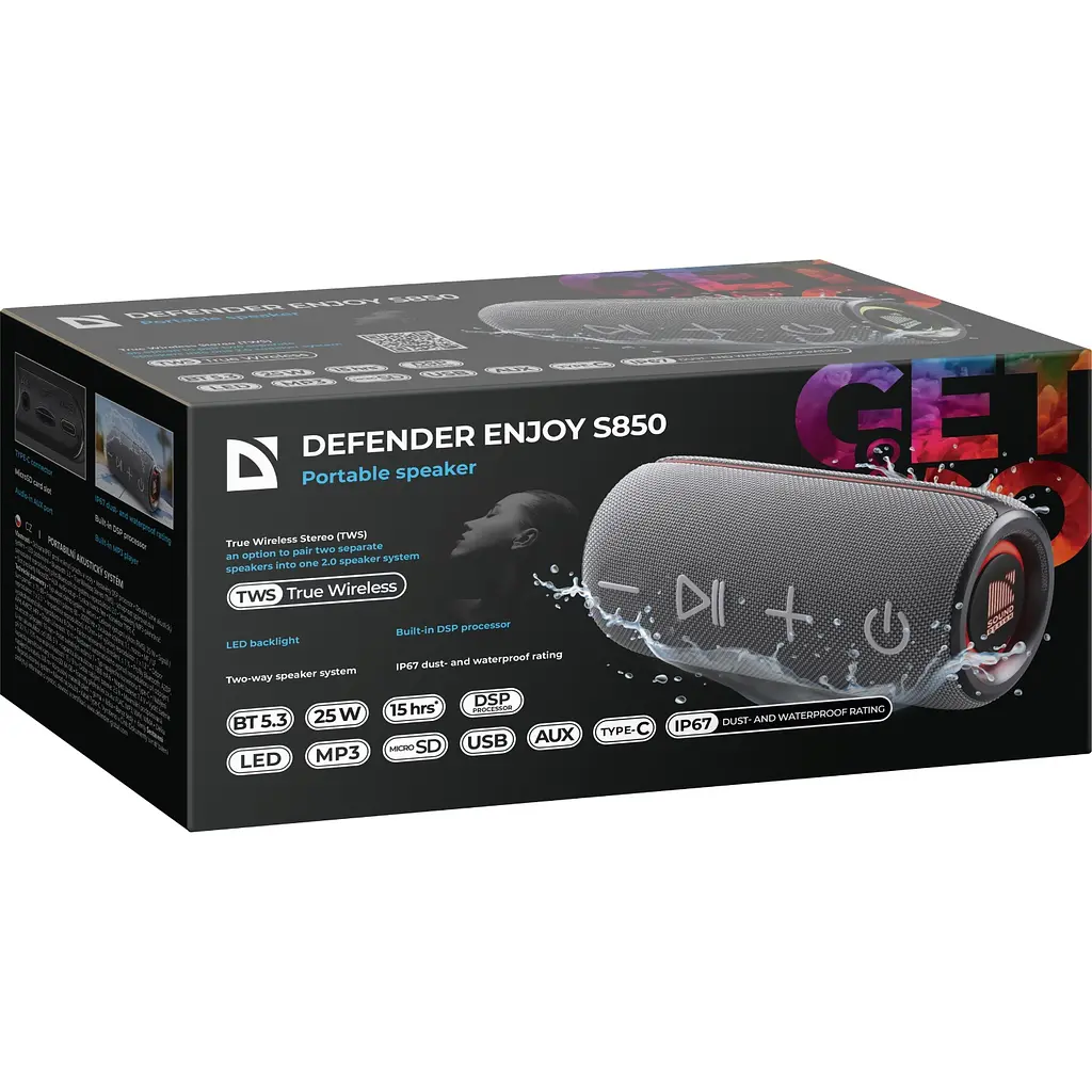 Акустична система 1.0 Defender Enjoy S850 25Вт RGB/BT/TF/TWS/DSP/IP67 чорна - фото 9