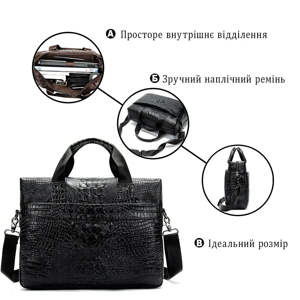 Сумка для ноутбука з тисненням під рептилію 14718 Vintage чорна - фото 4