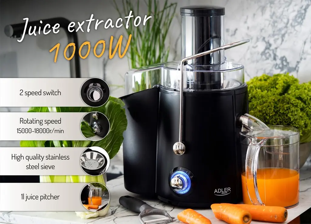 Соковижималка Adler AD 4127 black 1000Вт/контейнер для соку-1л/контейнер для м'якот-2л/і чорний (AD4127) - фото 3