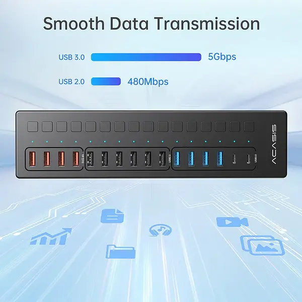 Розумний USB hub Acasis DS-516PB на 16 портів USB-C/USB 5 Гбіт/с розгалужувач з живленням від мережі (Чорний) - фото 5