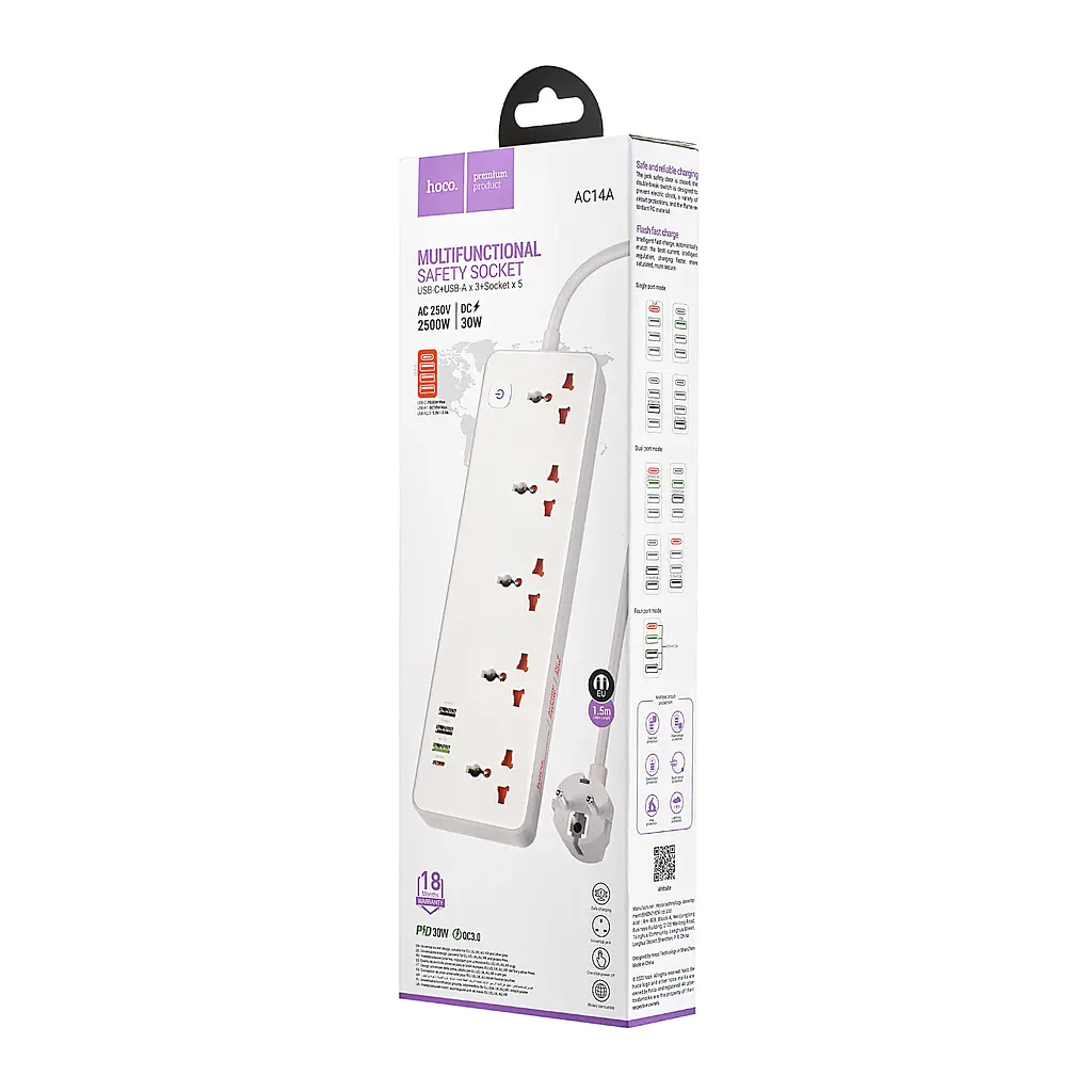 Мережевий фільтрі Hoco AC14A Rico 5-position socket (PD30W/1C3A) (EU) White - фото 2