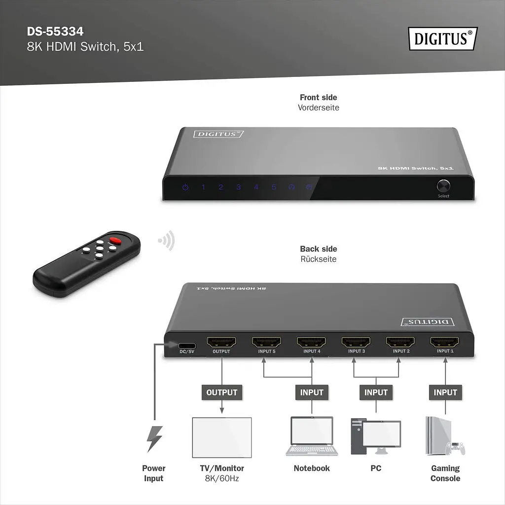 Відеокомутатор Digitus UHD HDMI (INx5 - OUTx1), 8K teh0025046 - фото 8