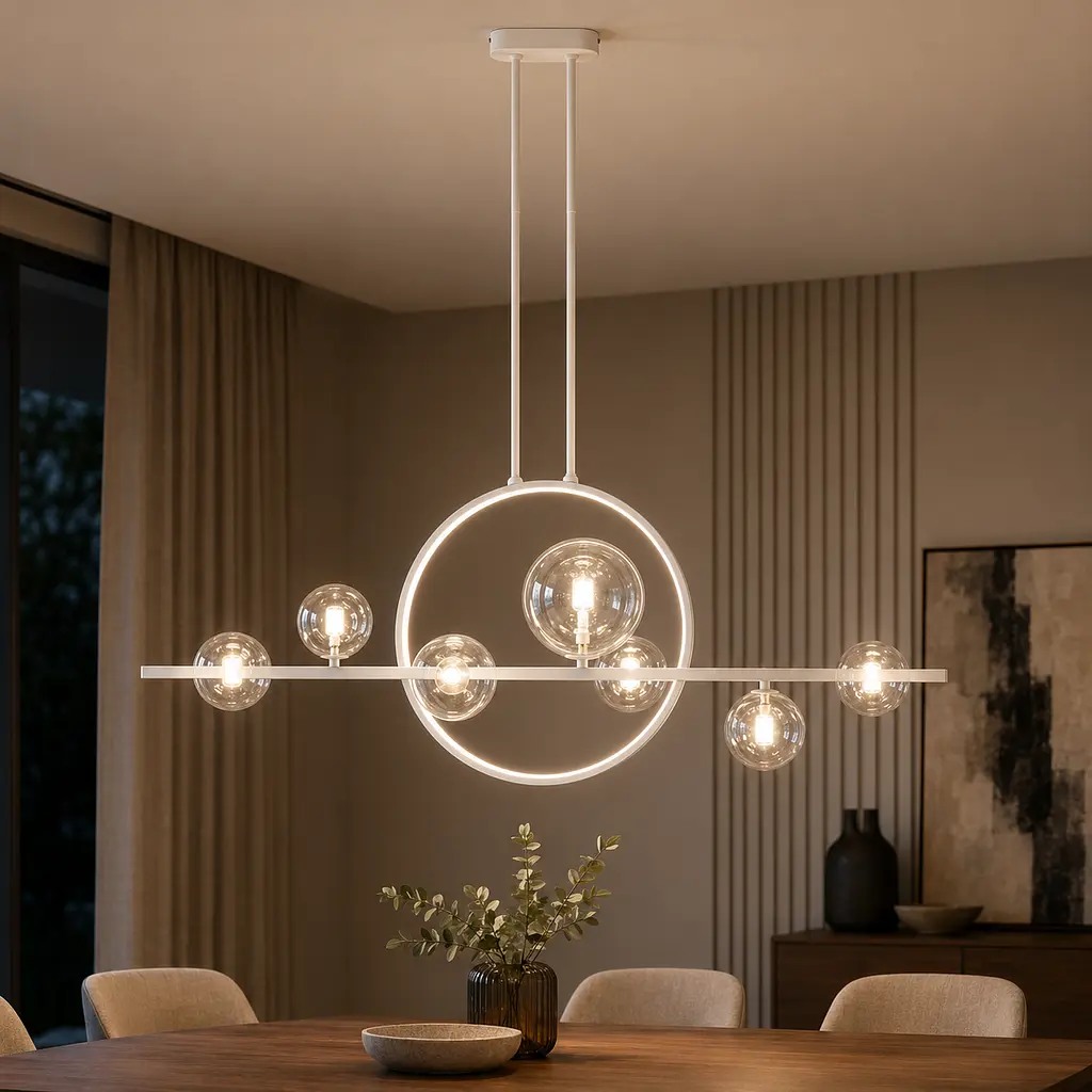 Сучасна підвісна люстра Artlight 1003/7WH біла з 7 скляними плафонами та LED-кільцем - фото 6