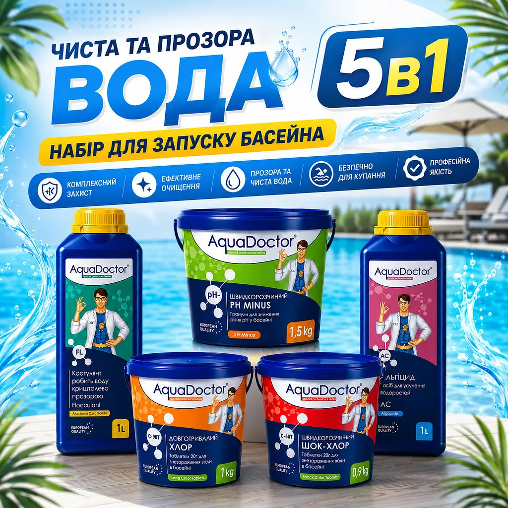 Комплексний набір хімії для басейну AquaDoctor Super Kit 5в1 30–50 м³ швидкий та повільний хлор, альгіцид, флокулянт, pH Minus 88579 - фото 2