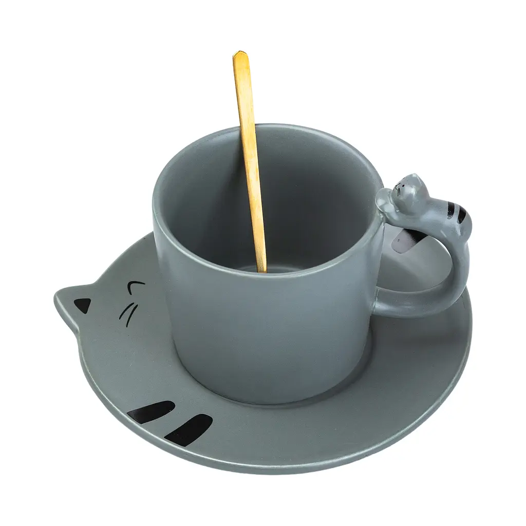 Чашка керамическая Happy Life Котики с блюдцем и ложкой серая 250 мл HP7202G - фото 3