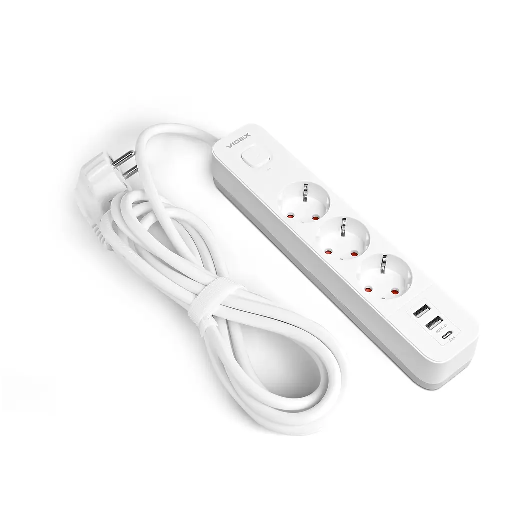 Мережевий подовжувач VIDEX ONCORD з/з 3п 3м (3x1.5мм) 2.4А 2USB+USB-C з кнопкою White VIDEX (27693-000) - фото 2