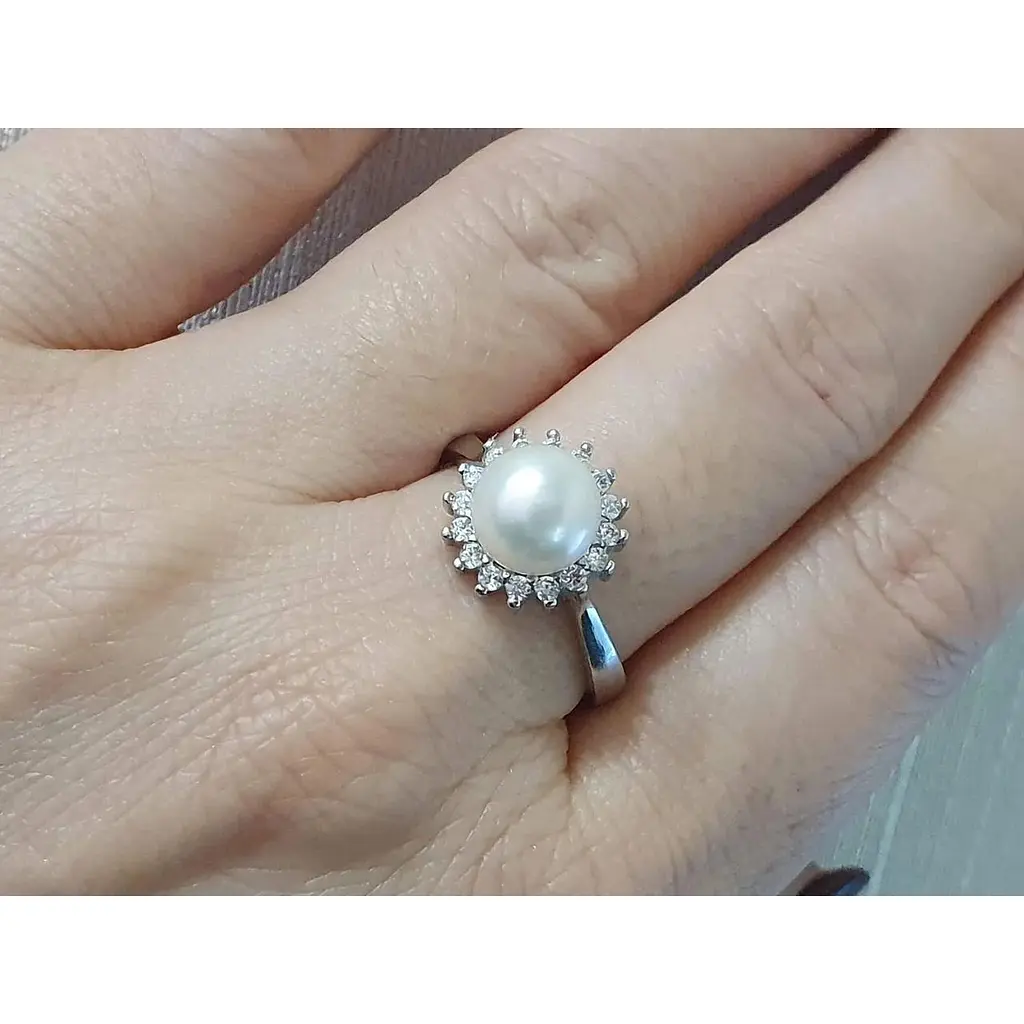 Срібне кільце TOP Silver з перлами і фіанітами. 9510165Б 19 - фото 2