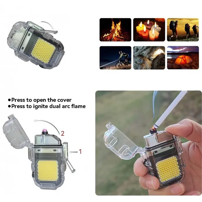 Електроімпульсна USB запальничка ARC Lighter з ліхтариком, чорна, водозахищена - фото 2