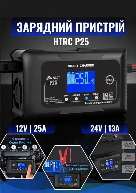 Автоматичний зарядний пристрій HTRC P25 Імпульсний, функція ремонту Repair, десульфатор 12V 25A-24V 13A LiFePO4, AGM, GEL, EFB, WET (19525) - фото 4