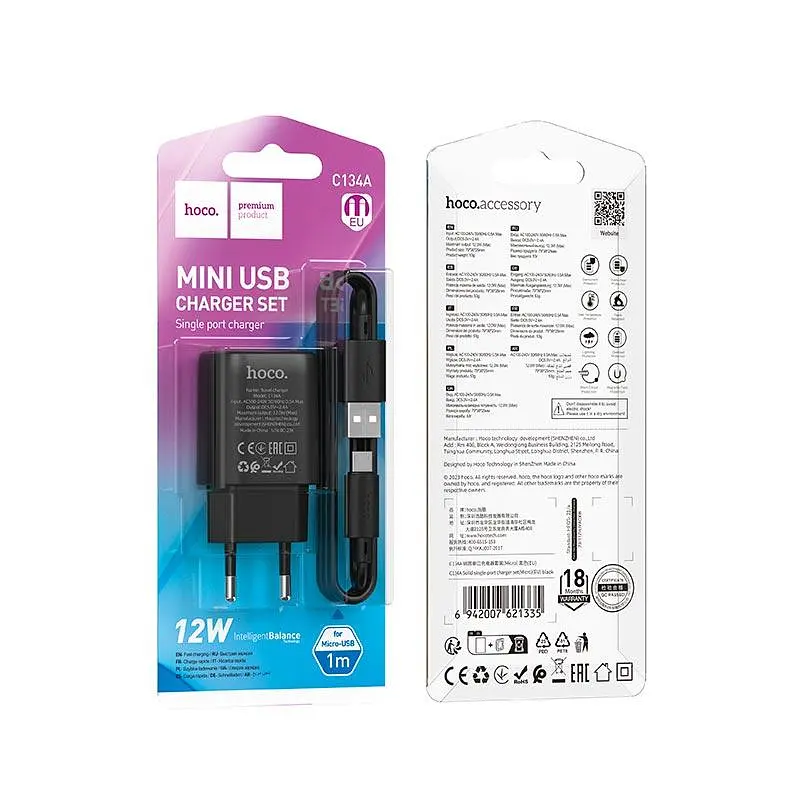 Адаптер сетевой Hoco Micro USB Cable Solid single port charger C134A | 1USB, 12W/2.4A | - фото 3