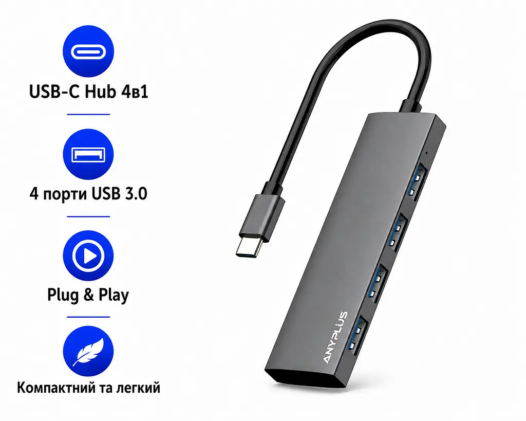 USB хаб ANYPLUS HT-00603C USB-C 3.0 4в1 (SKU-172) - фото 2