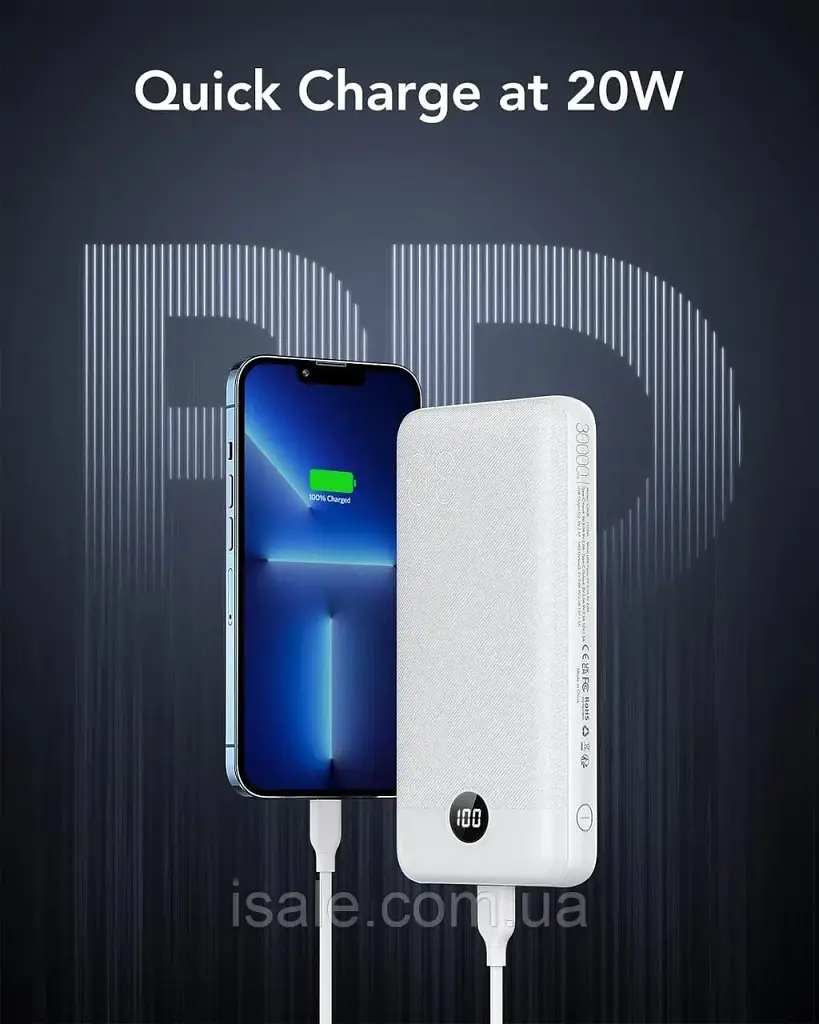 Повербанк Veger 30000 mAh VP3008PD, 20W швидка зарядка (PD/QC), білий - фото 3