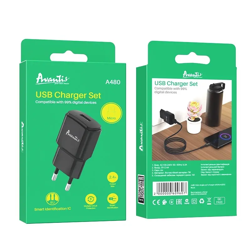 Мережевий зарядний пристрій Avantis A480 Orion (1USB/2.1A) + USB кабель Micro- чорний - фото 3
