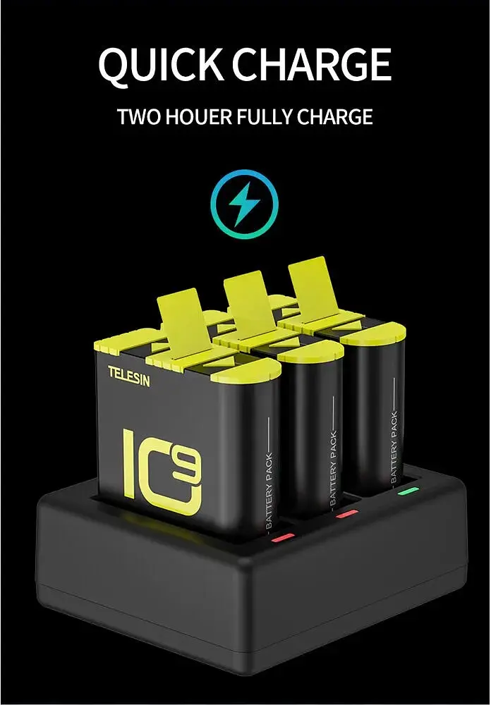 Зарядний пристрій Telesin 3 Slots Battery Charger + 2 акумулятори для Hero 9/10 GP-BTR-903 [76676] - фото 9