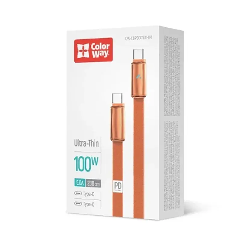 Дата кабель USB-C to USB-C 1.0m 5A 100W ultra-thin orange ColorWay (CW-CBPDCC100-OR) - фото 5