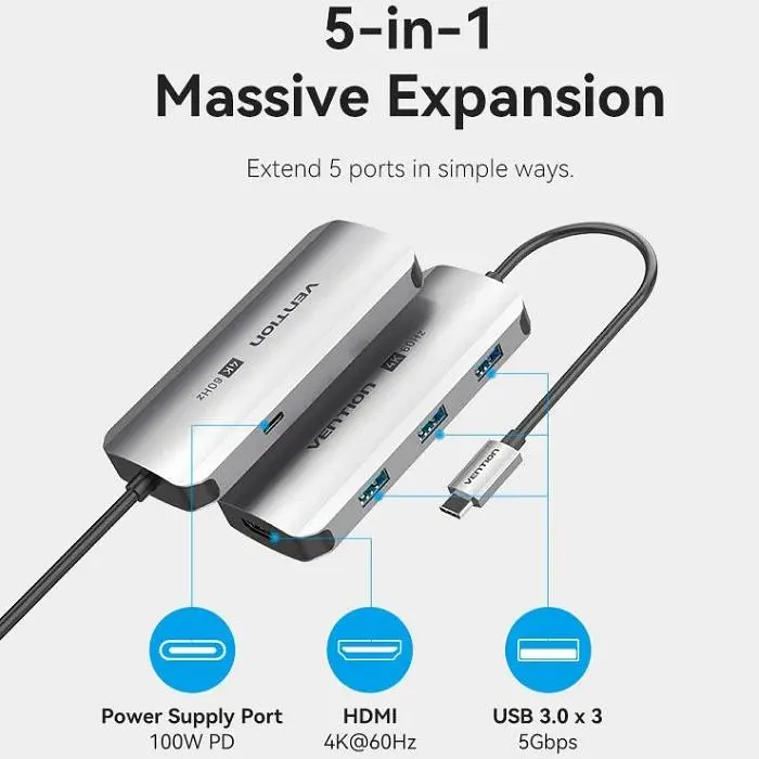 Док-станція USB3.1 Type-C - HDMI 60Hz/USB 3.0x3/PD 100W 5-in-1 Vention (TQDHB) - фото 5