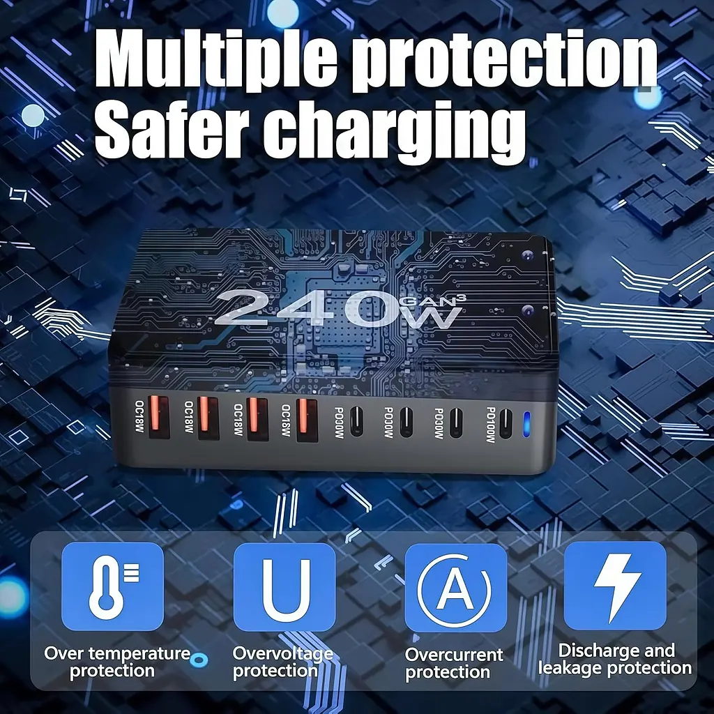 Мережева зарядна станція ILEPO 240W на 4 USB+4 Type-C мультизарядний пристрій потужний блок живлення Black (19338) - фото 5