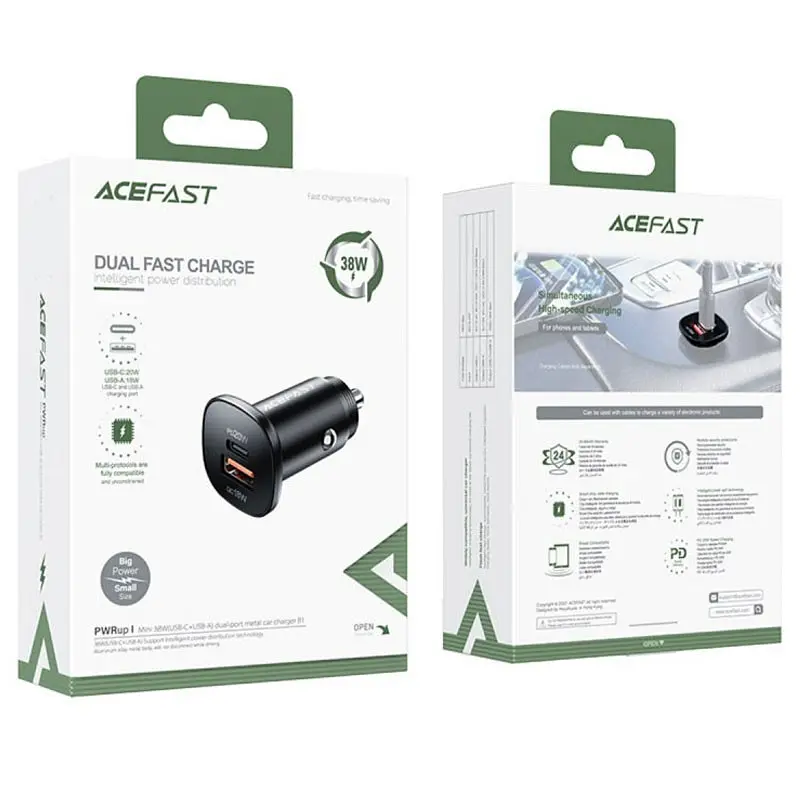 АЗП Acefast B1 mini PD20W+QC3.0 total 38W (1USB-A/1C) Black - фото 5