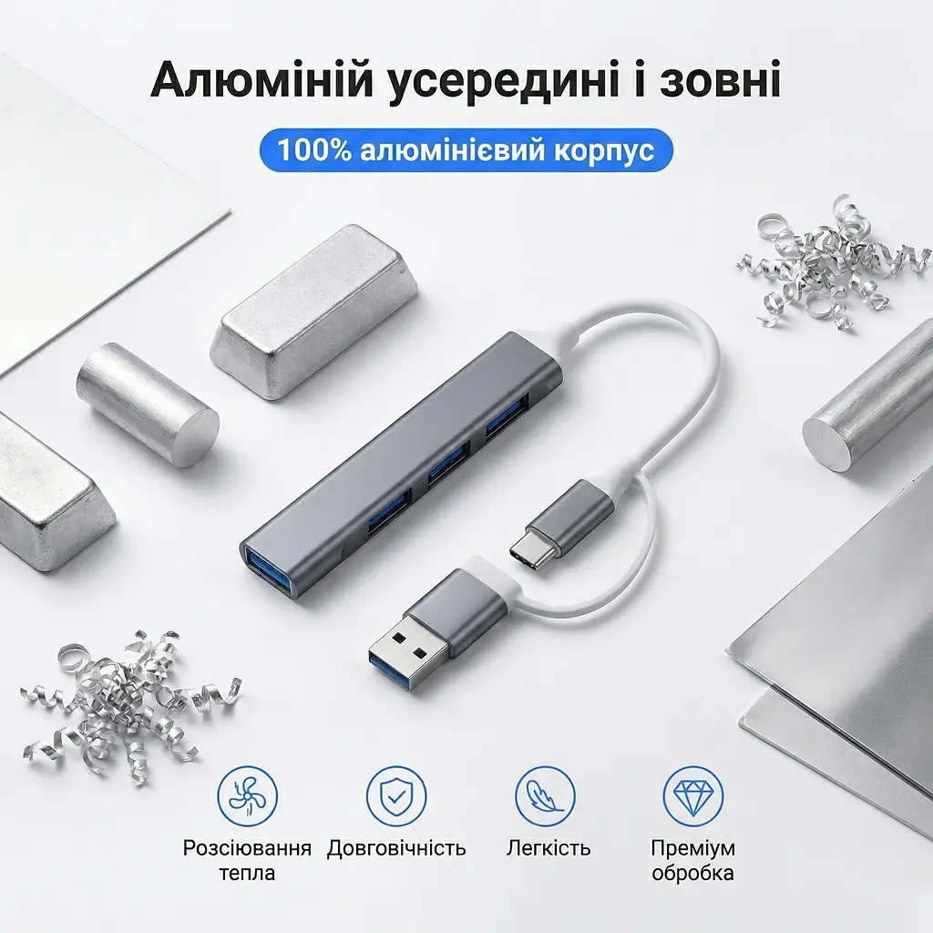 Алюмінієвий USB-хаб 4 порти 1×USB 3.0 + 3×USB 2.0 з підключенням Type-A і Type-C (графітовий) - фото 7