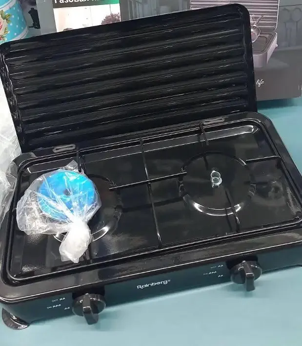 Настольная газовая плита  Rainberg RB-2229 на две конфорки с крышкой для кемпинга нержвеющая сталь Черная - фото 4