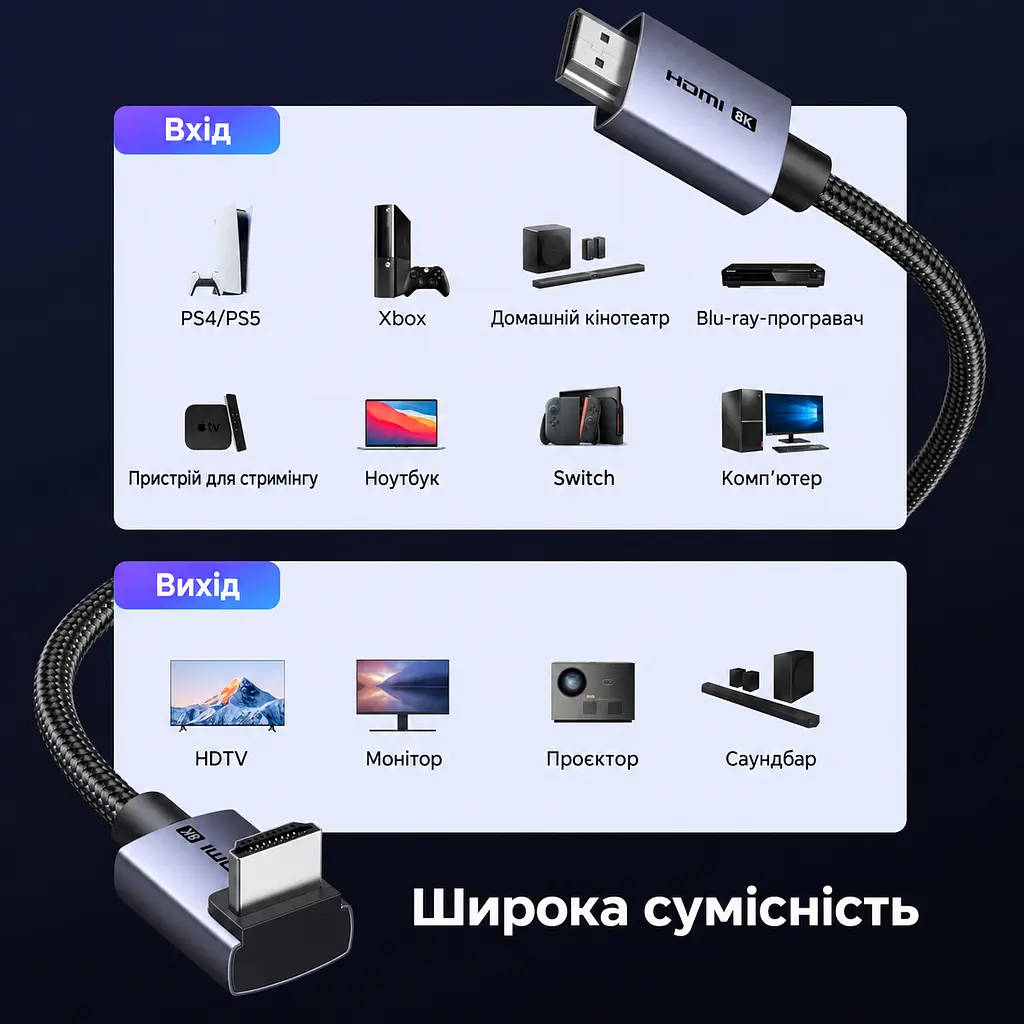 Кабель HDMI UGREEN HD188 2.1 кутовий 90° 8K 60 Гц 2 м чорний (85169) - фото 6