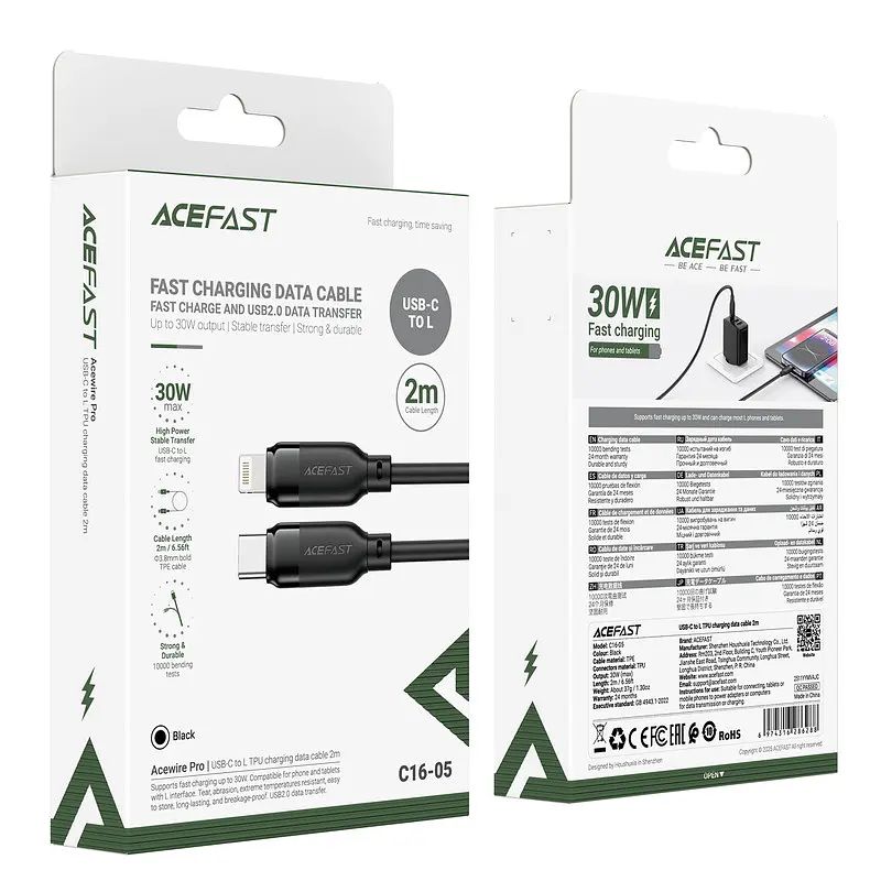 Кабель ACEFAST C16-05, USB to iP, 30W, 2m,TPU, TPU connectors, Чорний - фото 2