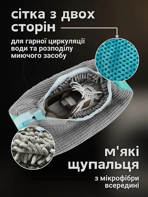 Мішок чохол на блискавці для прання взуття в пральній машині з мікрофібри сумка сітка пральний пакет універсальний для делікатного миття кросівок кед м'яких іграшок та нижньої білизни 39х19 см UKC - фото 2