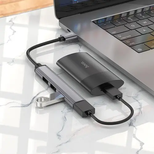 Usb hub Hoco HB26 4 в 1 адаптер USB to USB 3.0+USB 2.0 x 3 Metal Grey - фото 2