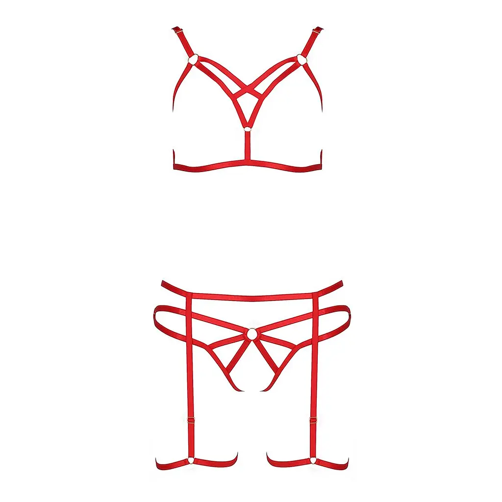 Комплект білизни Passion Exclusive MAGALI SET OpenBra S/M, red, стрепи, ліф, трусики і пояс - фото 4