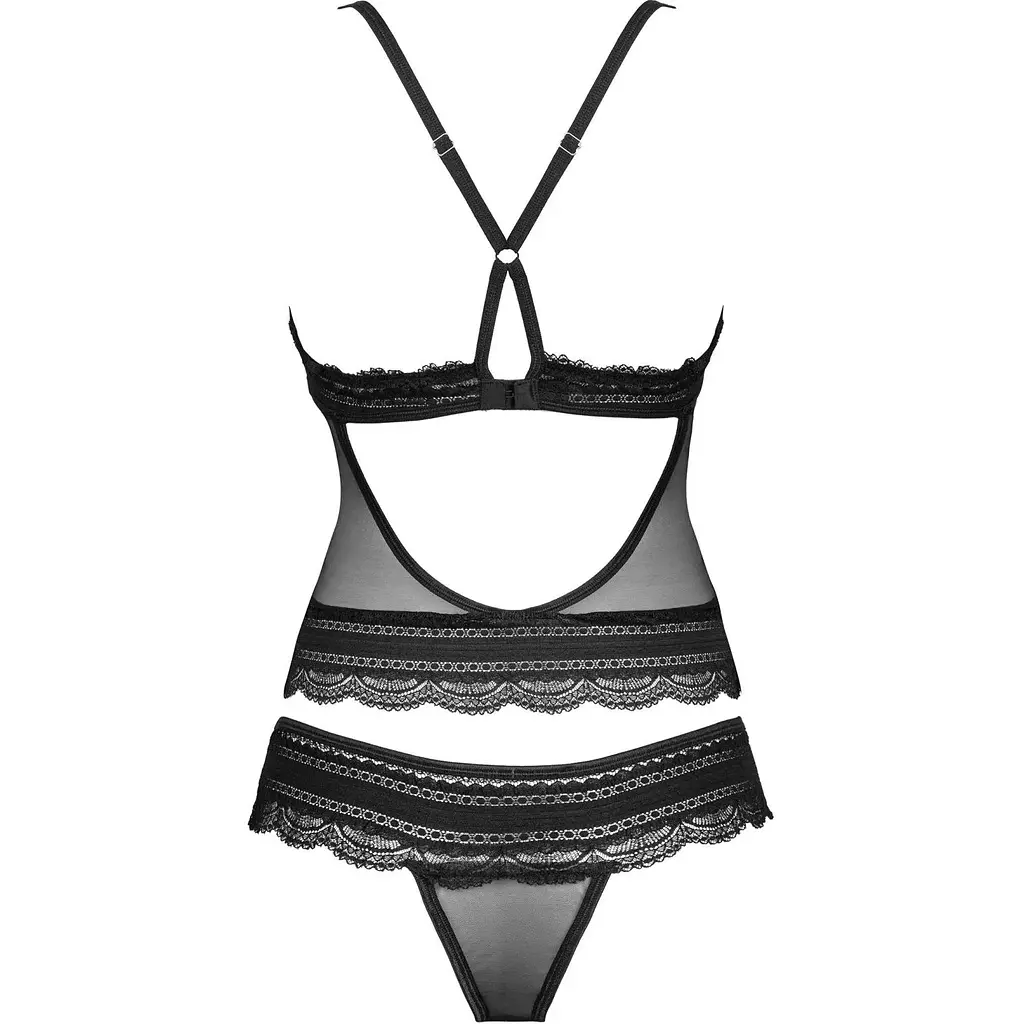 Напівпрозорий набір з прикрасами Obsessive Ivannes top & Thong S/M, чорний, топ та танга - фото 2
