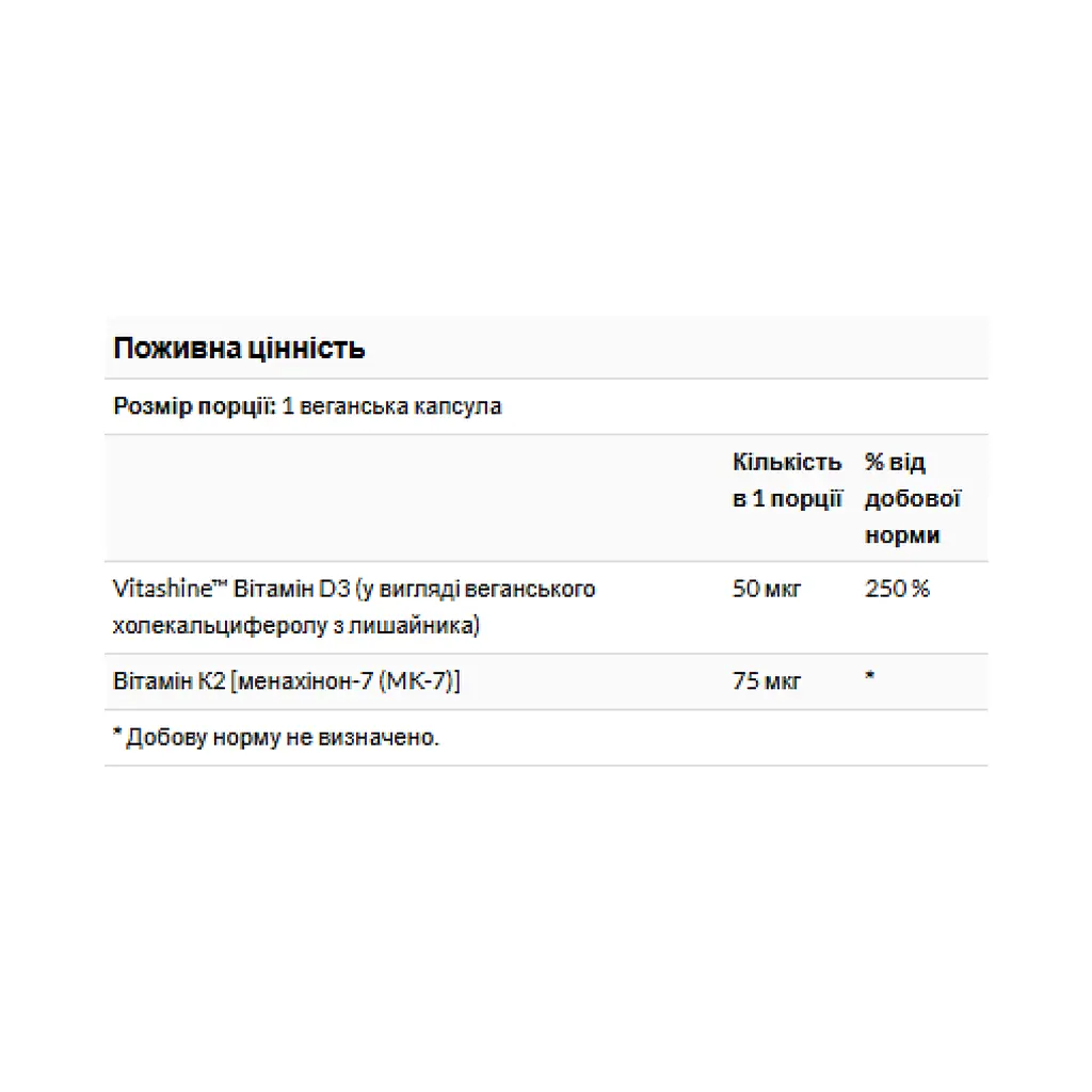 Вітамін D3 з К2, Vitamins D3 & K2 2000 IU & 75 mcg - 60 vcaps - фото 2