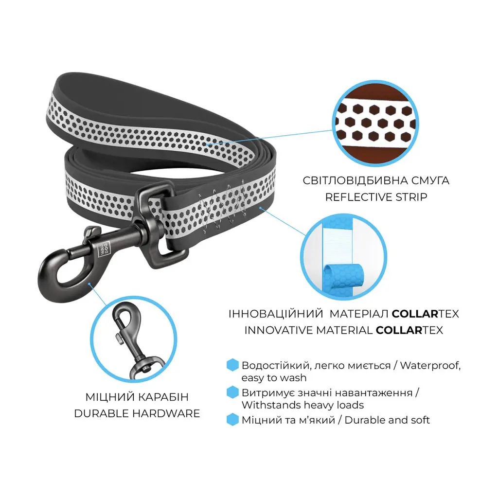 Повідець для собак WAUDOG Waterproof світловідбивний S Ш 15 мм Д 305 см сірий (260011) - фото 3