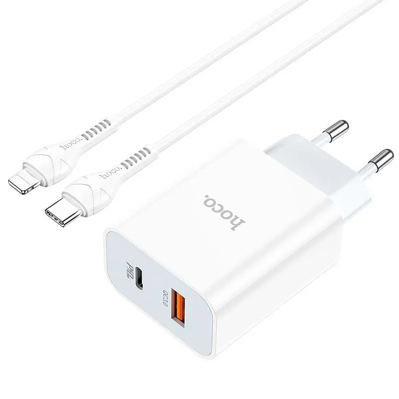 Блок живлення зарядний адаптер HOCO C97A 2 виходи + кабель Type-C to Lightning charger set 2 виходи білий - фото 5