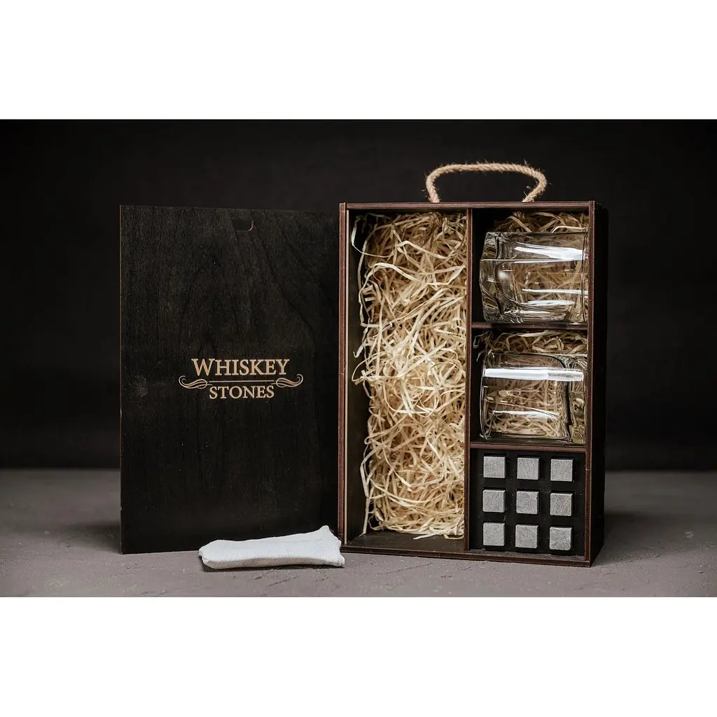 Подарунковий набір Whiskey Stones камені для віскі в дерев'яному пеналі №7 + 2 склянки Pasabahce Luna + щипці + мішечок - фото 2