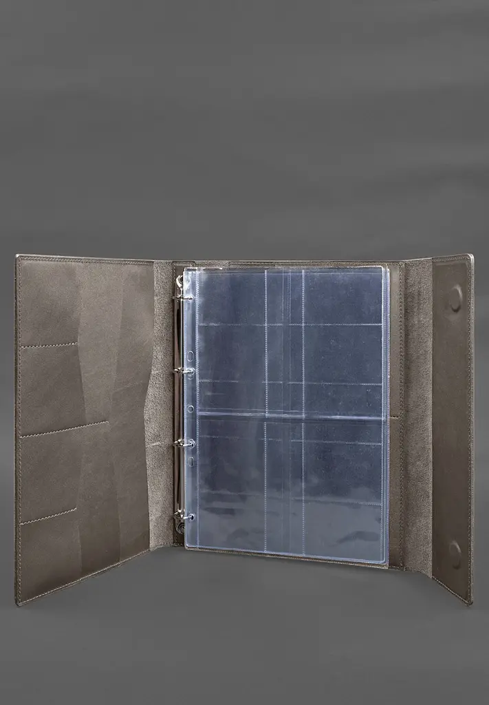 Кожаная папка для документов "Семейная" А4 на сегрегаторе с файлами темно-бежевая - фото 3