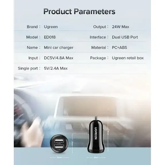Автомобільний зарядний пристрій Ugreen ED018 24W 2xUSB Charger чорний - фото 9