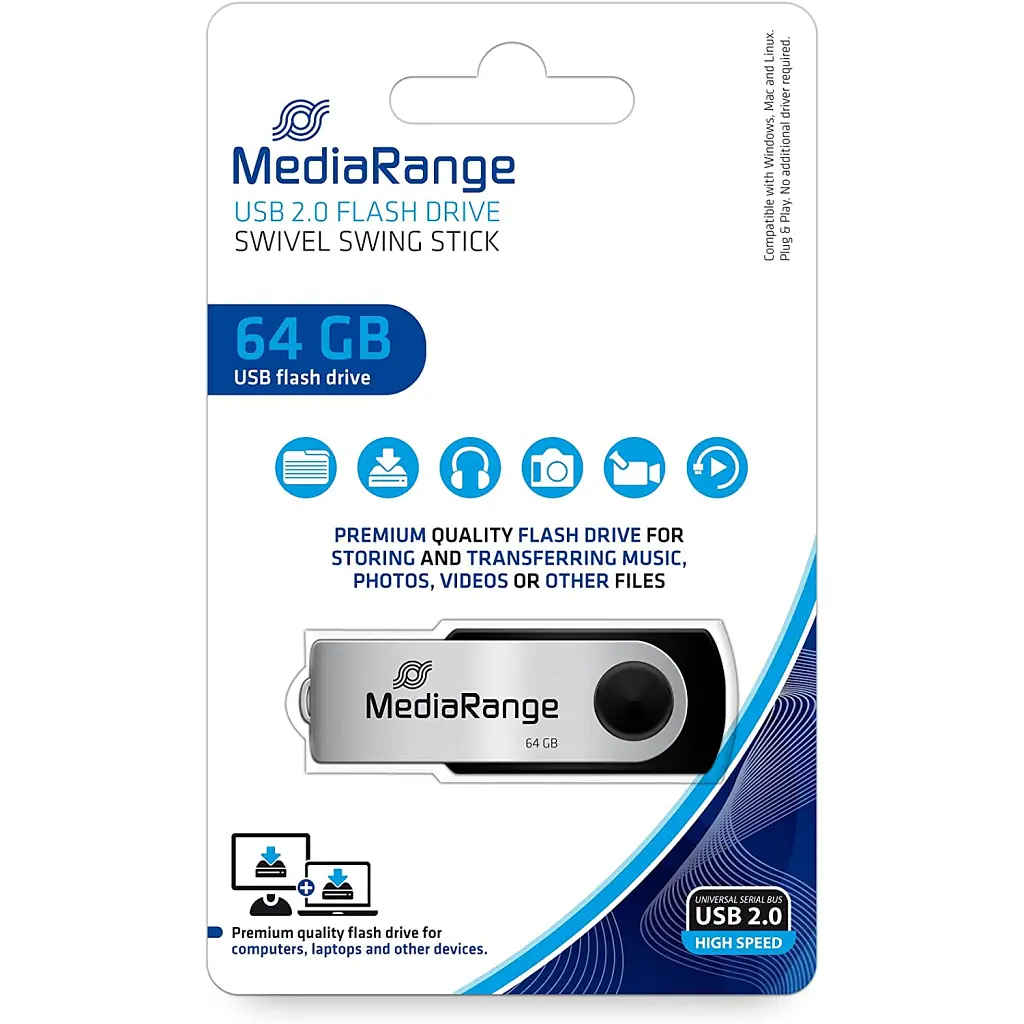 USB флеш накопичувач Mediarange 64GB Black/Silver USB 2.0 (MR912) - фото 3